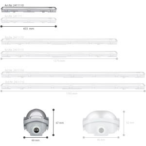 LED-Feuchtraumleuchten in verschiedenen Größen und Detailansichten der Endstücke.