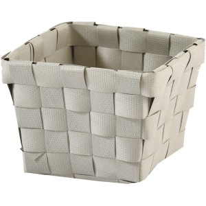 Grauer Aufbewahrungskorb aus PP-Geflecht, 10x10x7,5 cm, ideal für Bad, Küche und Kinderzimmer.