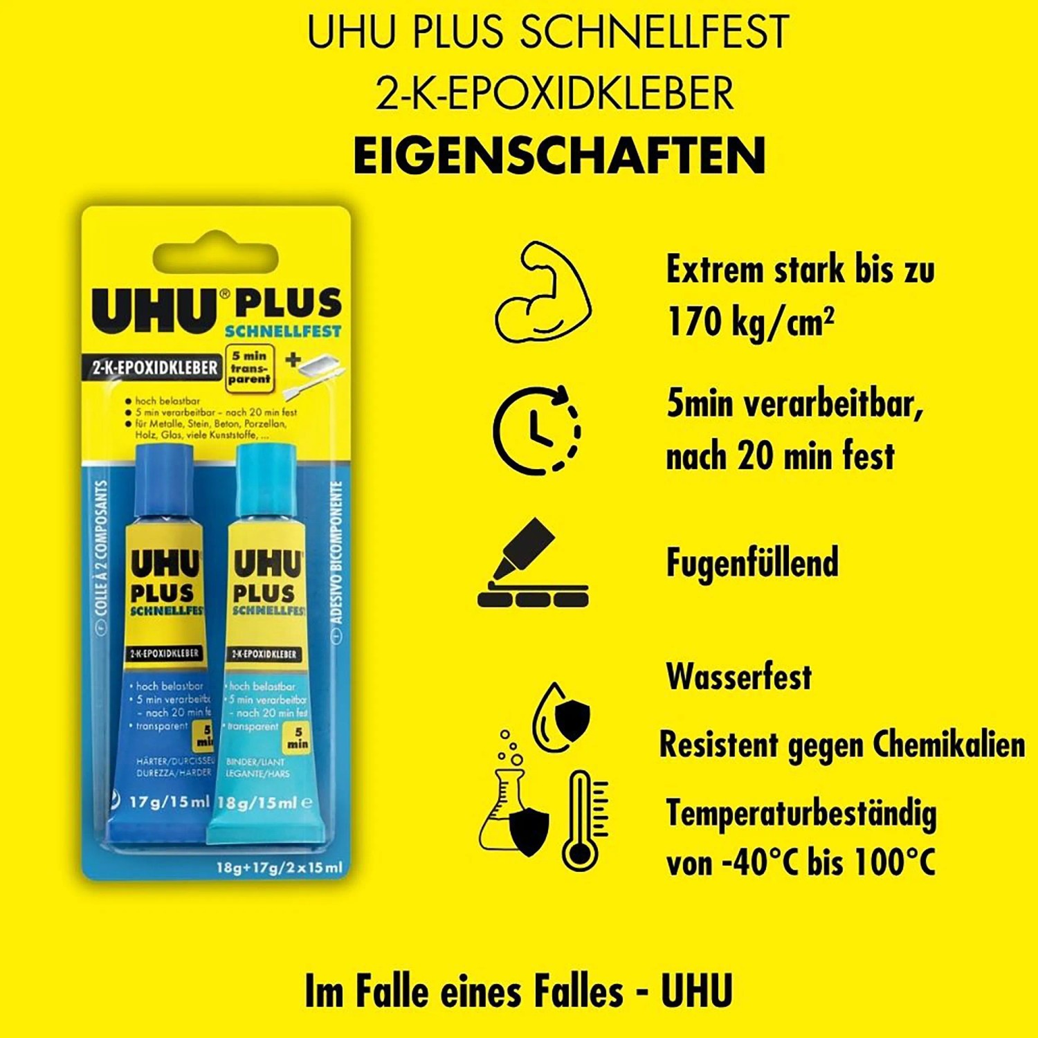 Uhu Plus Schnellfest 2-K-Epoxidkleber, transparent, 18g+17g. Starker Kleber für Metall, Glas, Keramik uvm.