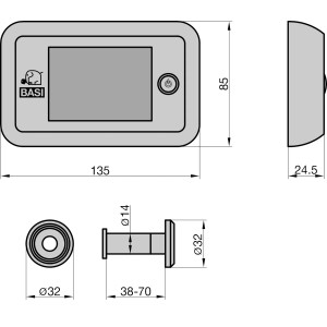 Technische Zeichnung: Basi Digitaler Türspion TS 700 in Silber, Maße und Details für Montage.