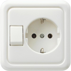 Weiße REV Aus-/Wechselschalter-Steckdose UP Standard mit Rahmen.