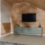 Wohnraum mit Egger Decowall Wandverkleidung in Holzoptik und weißen Faltleisten als Übergang.