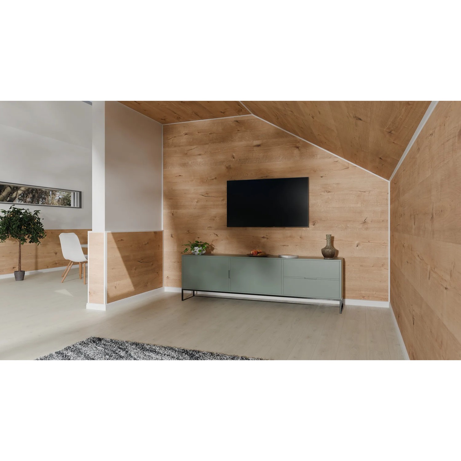 Wohnraum mit Egger Decowall Wandverkleidung in Holzoptik und weißen Faltleisten als Übergang.