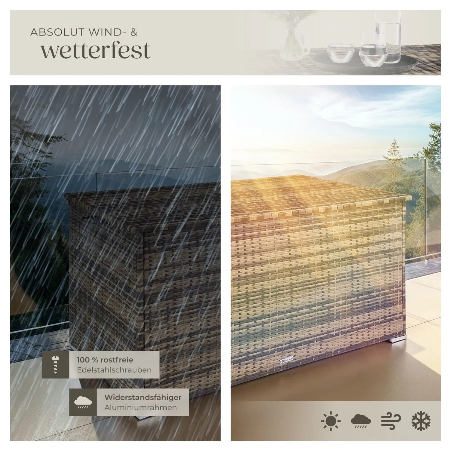 Wetterfeste Tectake Auflagenbox Oslo 750L aus Polyrattan mit Aluminiumrahmen.