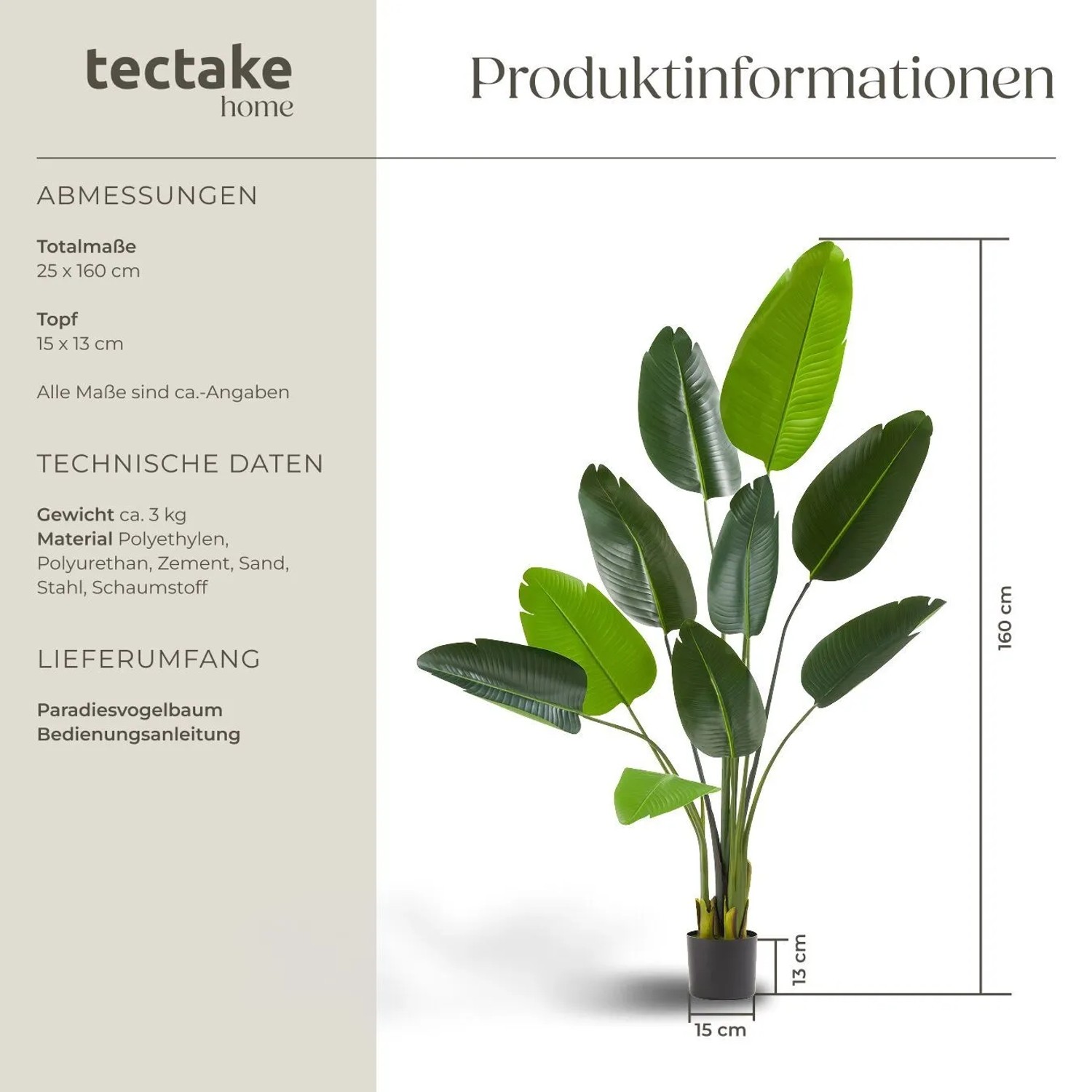 Künstlicher Paradiesvogelbaum von Tectake, 160 cm hoch, im Topf. Dekorative Kunstpflanze für Innenräume.