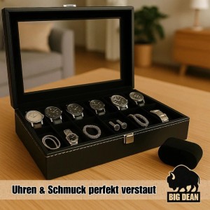 Schwarze BigDean Uhrenbox für 12 Uhren mit Glasdeckel, gefüllt mit Uhren und Schmuck.