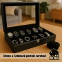 Schwarze BigDean Uhrenbox für 12 Uhren mit Glasdeckel, gefüllt mit Uhren und Schmuck.