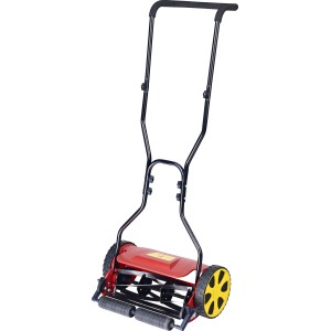 Wolf-Garten Spindelmäher TT 380 DL: Handrasenmäher mit rot-schwarzem Design und gelben Rädern.