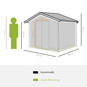 Skizze: Outsunny Gerätehaus, Stahl, Kohlegrau, 277x195x192 cm, mit Maßangaben.