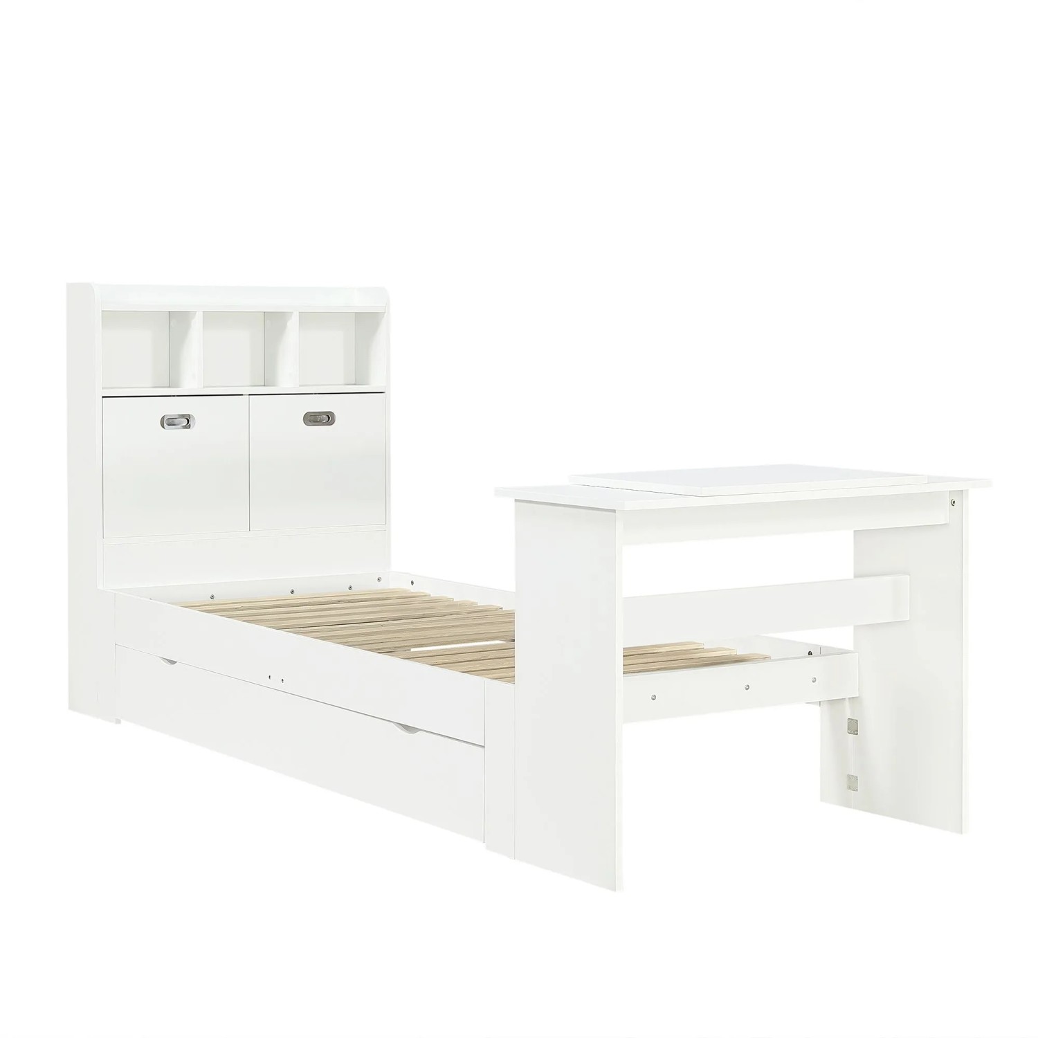 Merax Jugendbett 90X200 cm Stauraum Regal Klapptisch Weiß