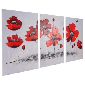 Handgemaltes, abstraktes Ölgemälde Mohnblume, 3-teilig. Rote Blumen auf heller Leinwand. Dekoartikel.