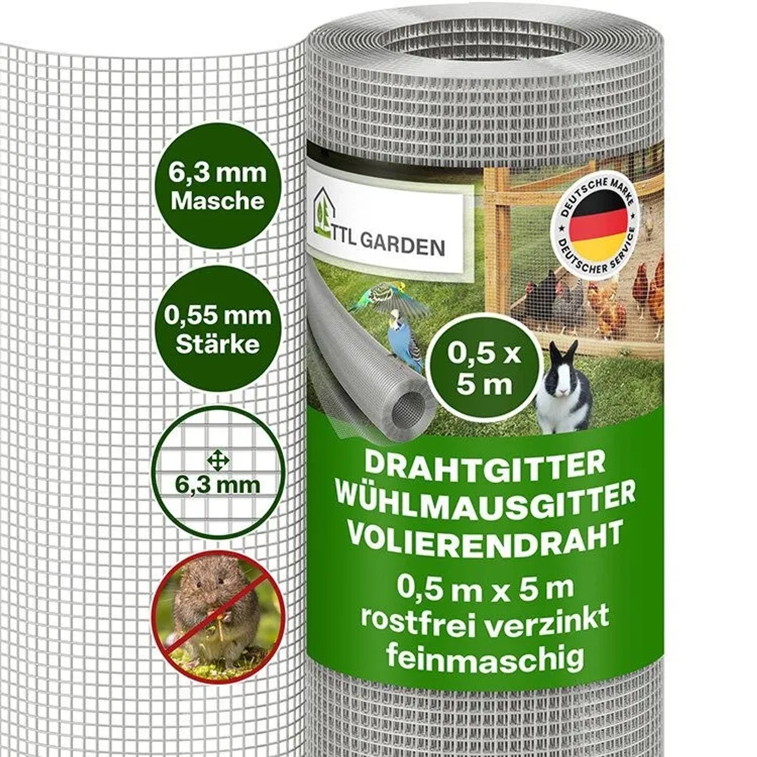 TTL GARDEN Drahtgitter 0,5m x 5m Rolle 6,3mm Masche Ø0,55mm Verzinkt Feinmaschig für Hochbeet Voliere Gartenzaun