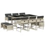 11-tlg. Garten-Essgruppe hellgrau Poly Rattan mit Tisch, Stühlen und Hockern mit anthrazitfarbenen Kissen.