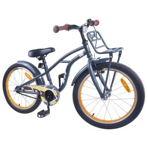 Dunkelgraues vidaXL Kinderfahrrad 22 Zoll für 7-12 Jahre mit niedrigem Rahmen, Schutzblechen und Frontkorb.