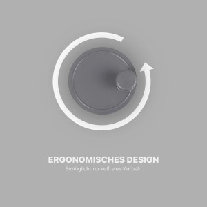 Detailaufnahme der grauen ProHome Salatschleuder: Ergonomisches Design mit Drehmechanismus.