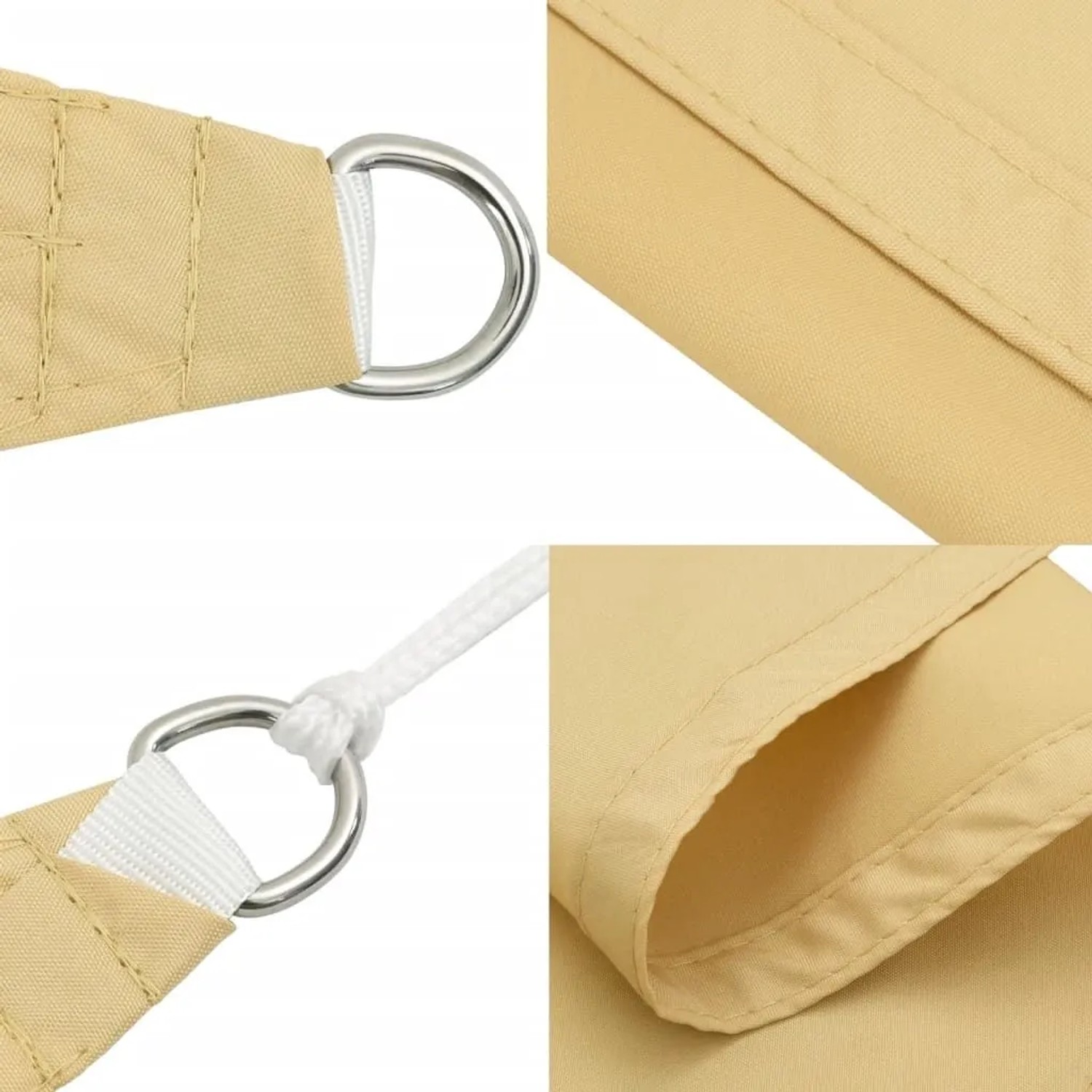 Detailansicht des sandfarbenen vidaXL Sonnensegels: D-Ringe, Seil und robuste Nähte des Polyester-Oxford-Gewebes.