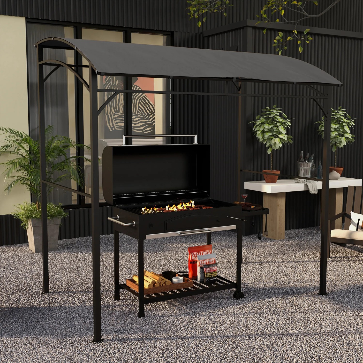 Outsunny Grillpavillon mit Grill und Zubehör unter dunklem Polyesterdach.
