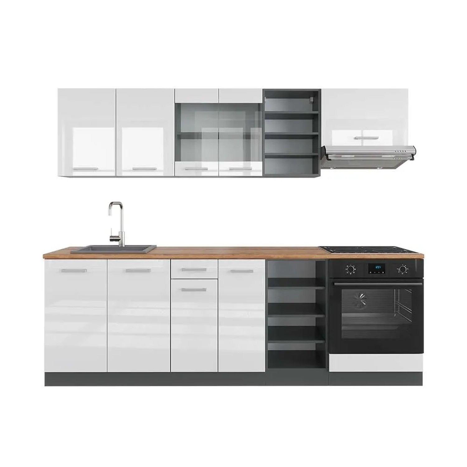 Vicco R-Line Küchenzeile Weiß Hochglanz Anthrazit 240 cm AP Eiche ohne E-Geräte