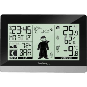 Schwarze technoline Wetterstation WS 9612 mit digitaler Anzeige für Uhrzeit, Innen-/Außentemperatur, Luftfeuchtigkeit, Wetterfigur.