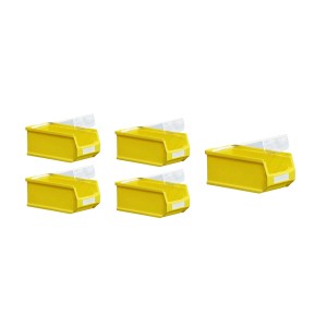 Sparset: 5 gelbe Sichtlagerboxen mit Abdeckung, 0,8 Liter, 10x17,5x7,5 cm. Ideal für Werkstatt & Lager.