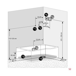 Skizze der AcquaVapore Duschtempel Badewanne 170x100 mit Maßangaben zu Anschlüssen.