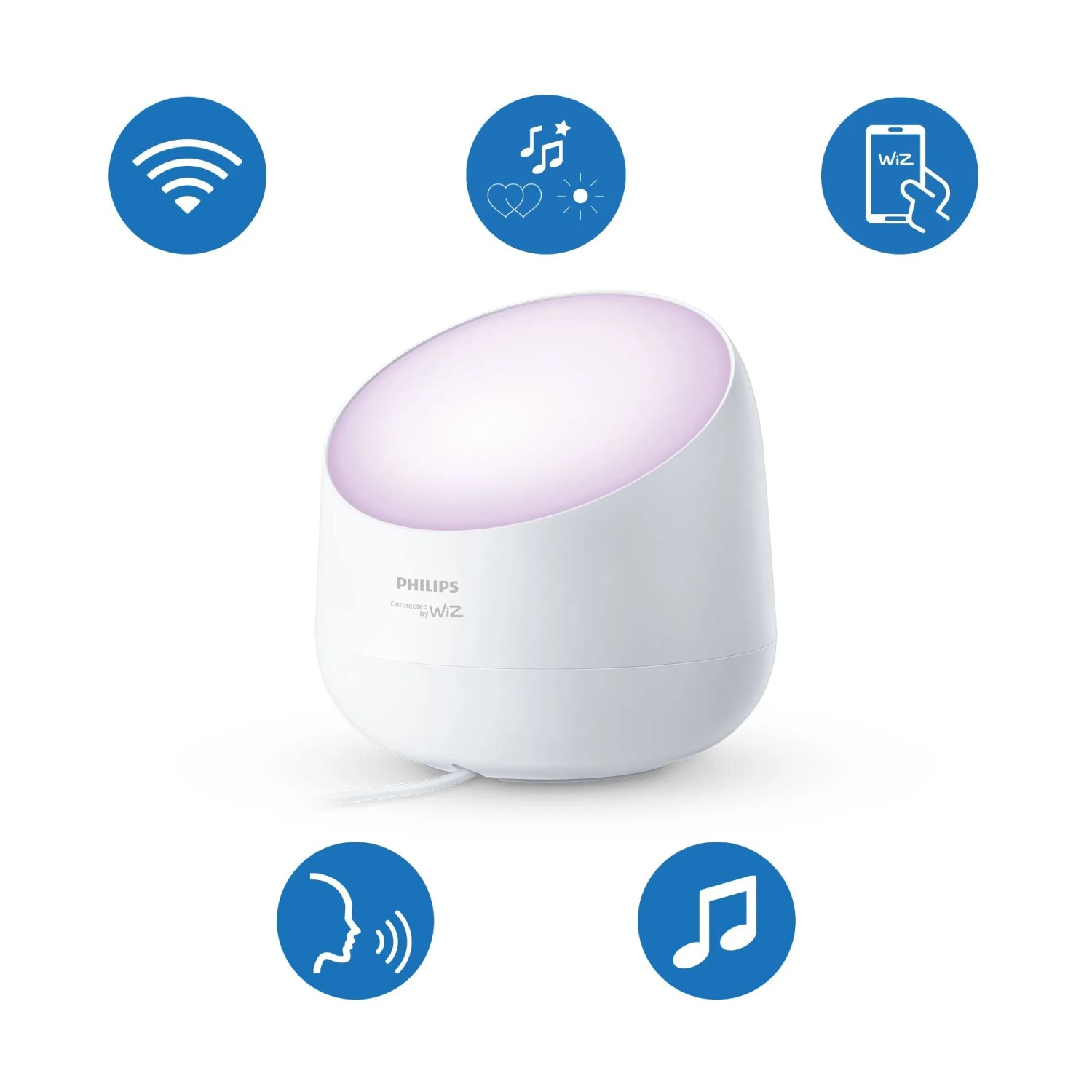 Weiße Philips Smart-LED-Tischleuchte Squire Lite, Ø 13,4 cm, mit Wallwashing-Effekt und smarten Funktionen.