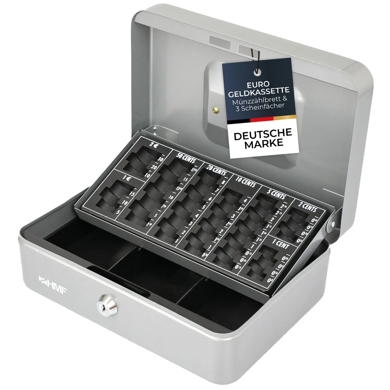 HMF 10022-09 Geldkassette Abschließbar Kasse Euro Münzzählbrett 3 Banknotenfächer 25 x 18 x 9 cm Silber