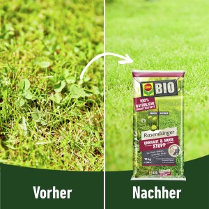 Compo Bio-Rasendünger Unkraut & Moos Stopp, 10 kg Sack für einen gesunden, unkrautfreien Rasen.