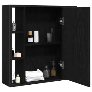 vidaXL Spiegelschrank in Schwarz Eiche (60x16x60cm) mit offen stehender Tür und Badutensilien.