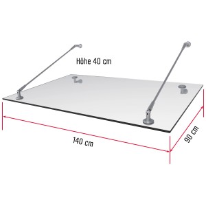 Modernes Vordach aus Echtglas und Edelstahl, 140x90x40 cm, zur Montage über der Haustür.