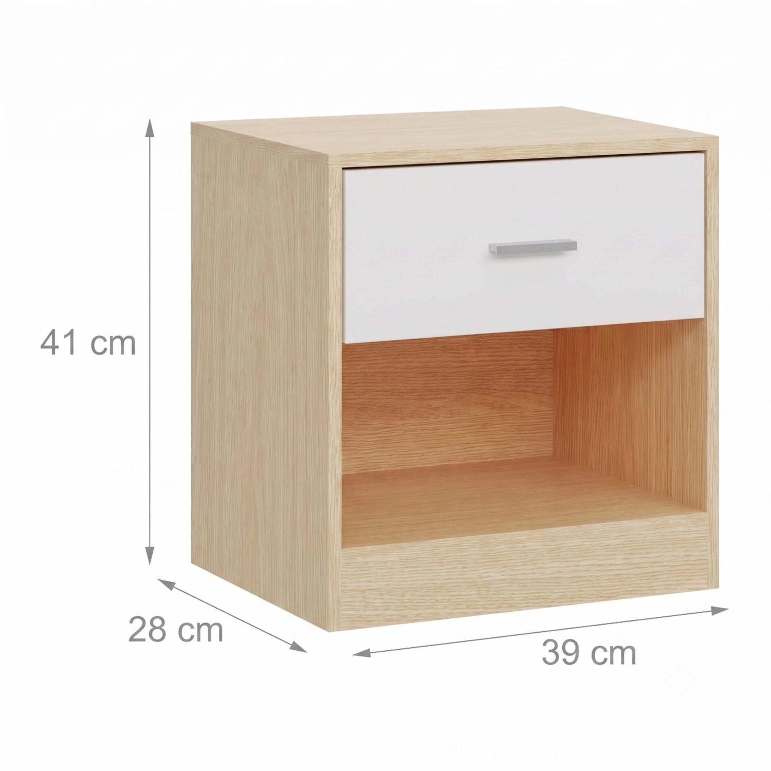 Relaxdays Nachttisch MDF Holzoptik-Weiß mit Schublade, offenem Fach. Maße 41x39x28 cm. Ideal für Schlafzimmer.