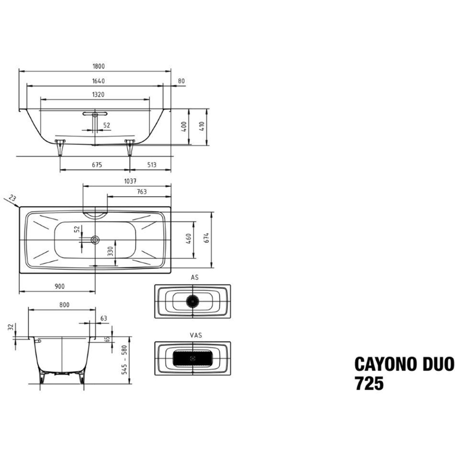 Technische Zeichnung Kaldewei Cayono Duo Rechteck-Badewanne, Maße 180x80 cm.