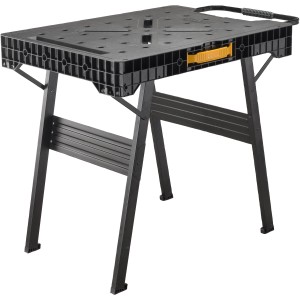 Klappbare Stanley FatMax Werkbank, 85x60 cm, mit schwarzer Arbeitsplatte und Metallbeinen.