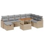 Beiges 9-teiliges vidaXL Garten-Sofa-Set aus Poly Rattan mit Kissen und Tisch mit Stauraum.