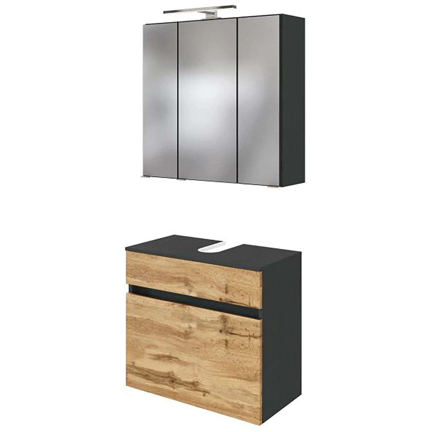 Held Möbel Badmöbel-Set Bari, 60 cm, Wotaneiche/Graphitgrau: Unterbeckenschrank und Spiegelschrank.