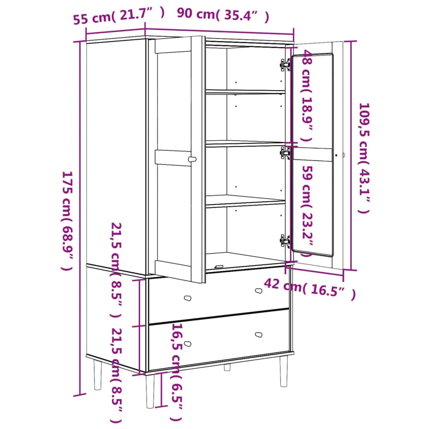 Brauner Kleiderschrank SENJA mit Rattan-Optik, Kiefernholz, 90x55x175cm. Schrank mit Schubladen und Fächern.