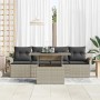 Hellgraues 5-tlg. vidaXL Garten-Sofa-Set aus Poly Rattan mit Tisch und Kissen.