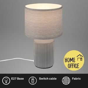 Graue Brilo Tischleuchte Ino mit Keramikfuß und Stoffschirm, Design-Tischlampe.