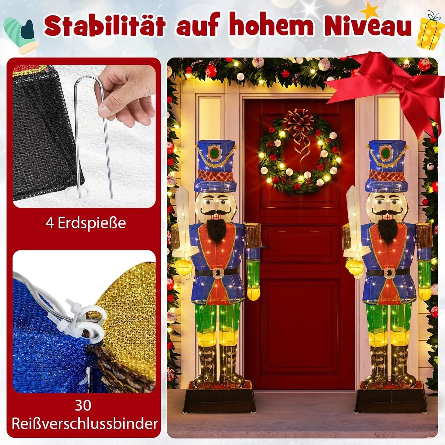 Große, beleuchtete 184 cm Costway Nussknacker-Figur mit Schwert, bunter Uniform und LED-Lichtern für Weihnachten.