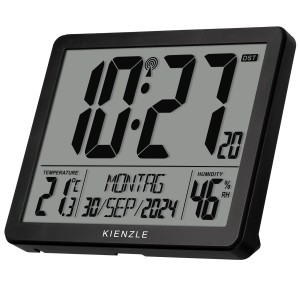 Schwarzer Kienzle Digital XXL Wecker mit Anzeige von Uhrzeit, Datum, Temperatur und Luftfeuchtigkeit.