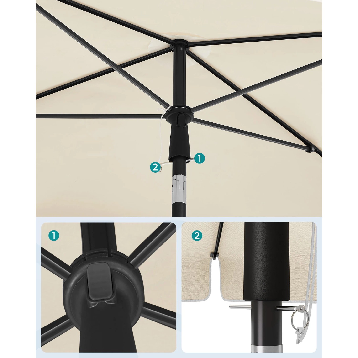 Details des beigen Songmics Sonnenschirms: Höhenverstellung und Verriegelungsstift im Fokus.