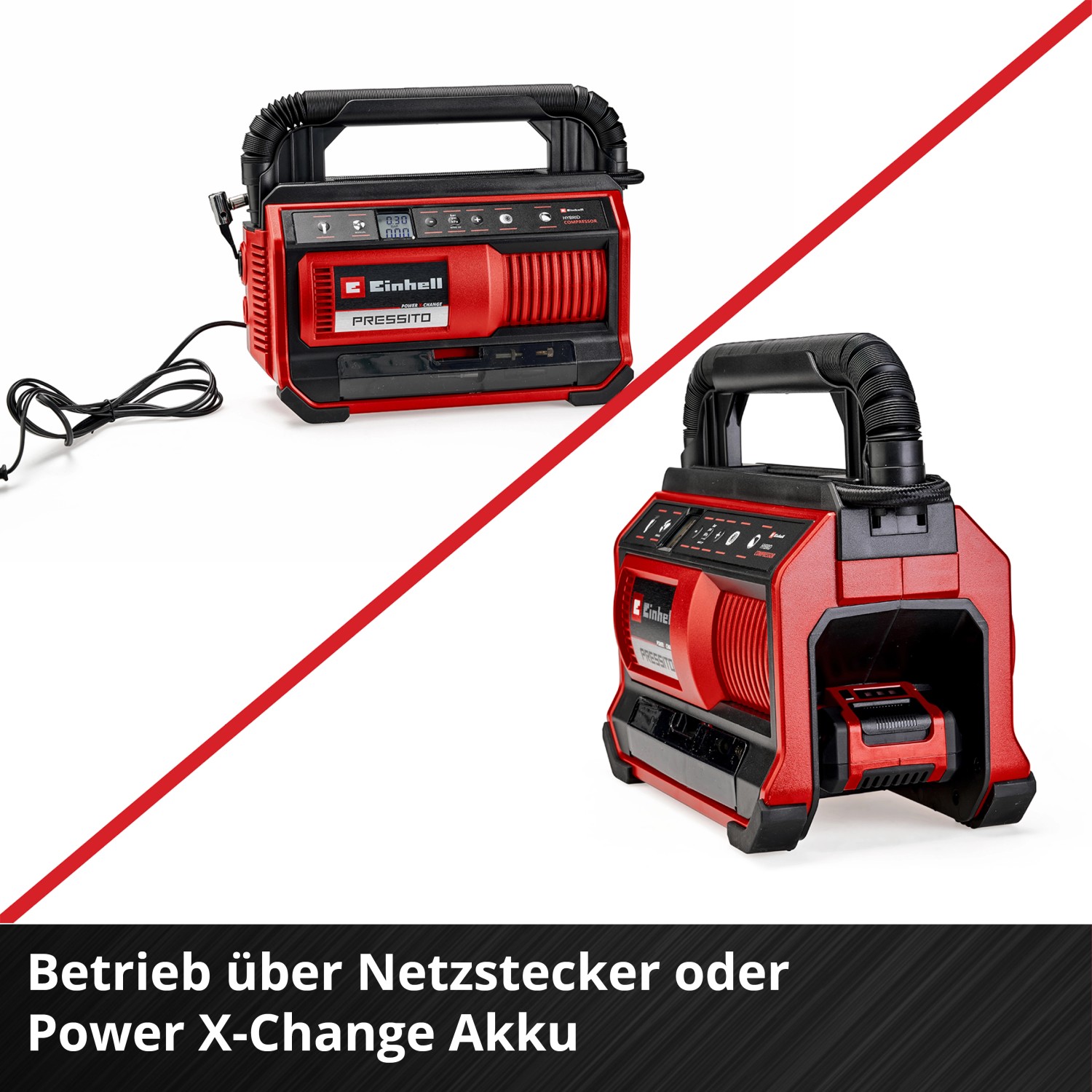 Einhell Power X-Change Hybrid-Kompressor Pressito 18/25, rot, mit Akku- und Netzbetrieb.