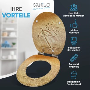 Sanilo WC-Sitz Sunshine mit Absenkautomatik, Holz, Strand-Design mit Sonne und Palme.