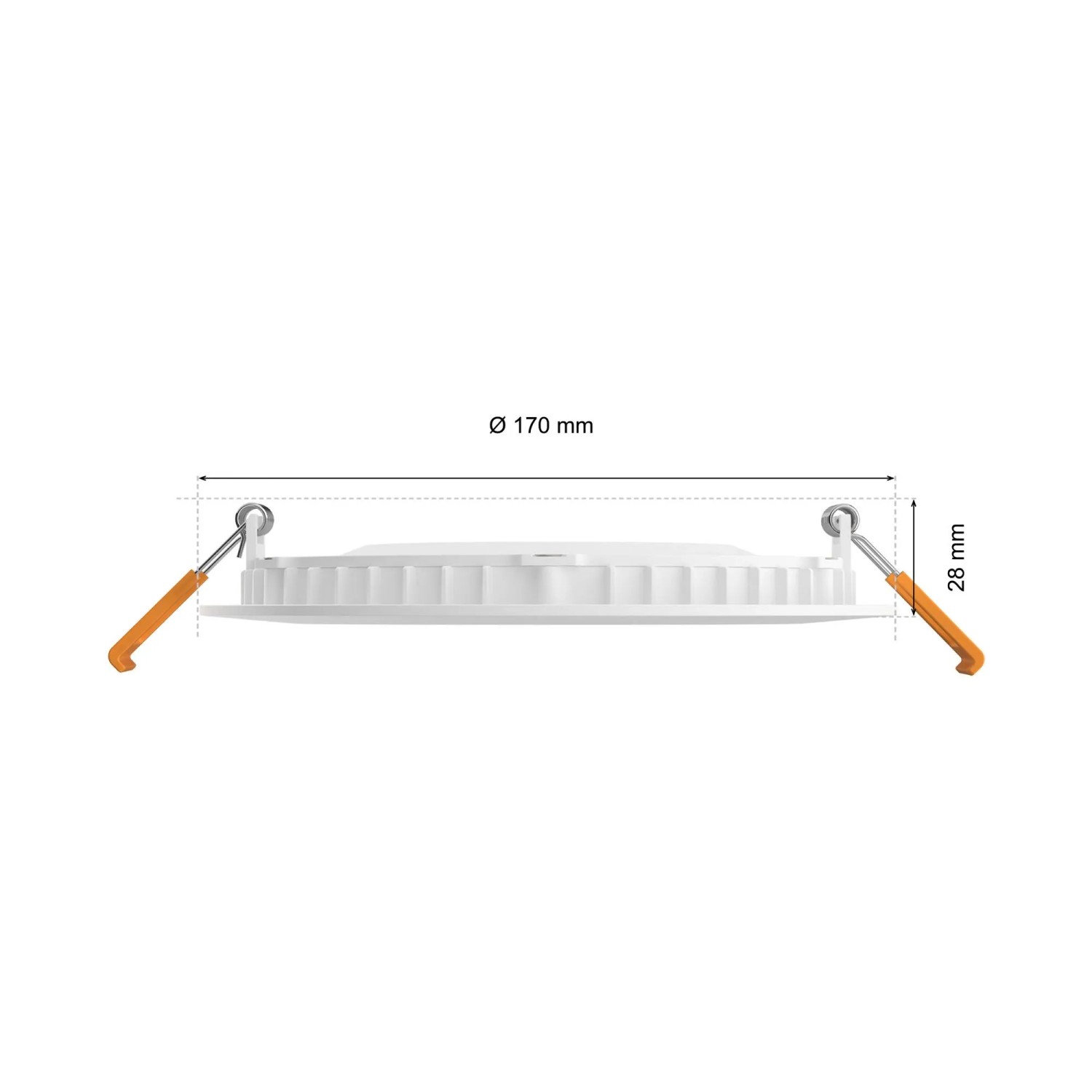 Weißer Philips Hue Einbauspot Slim, 17 cm Durchmesser, Seitenansicht mit Maßangaben.