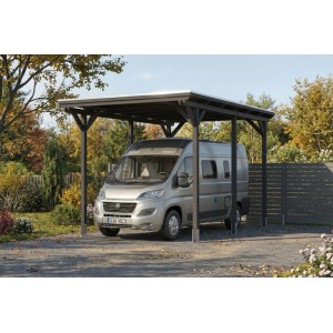 Anthrazitfarbener Skan Holz Flachdach-Carport aus Leimholz mit Stahl-Dachplatten, schützt ein Wohnmobil.