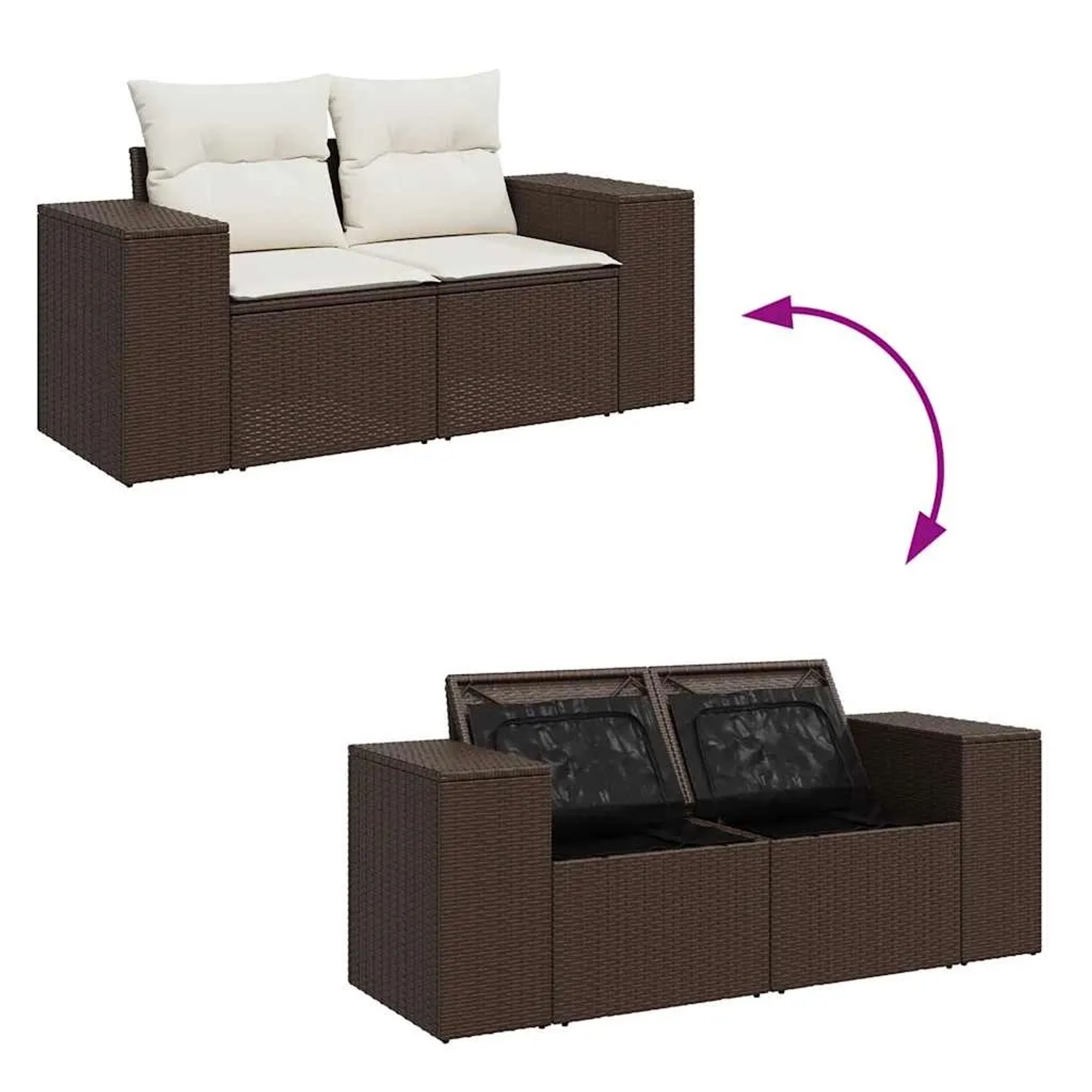 Braune 5-tlg. vidaXL Garten-Sofagarnitur aus Rattan mit Kissen, mit Stauraum und wasserfestem Beutel.