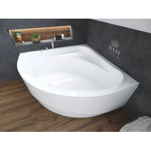 Weiße KOLMAN Eckbadewanne 140x140 cm aus Acryl mit Ablauf und Füßen in modernem Bad.