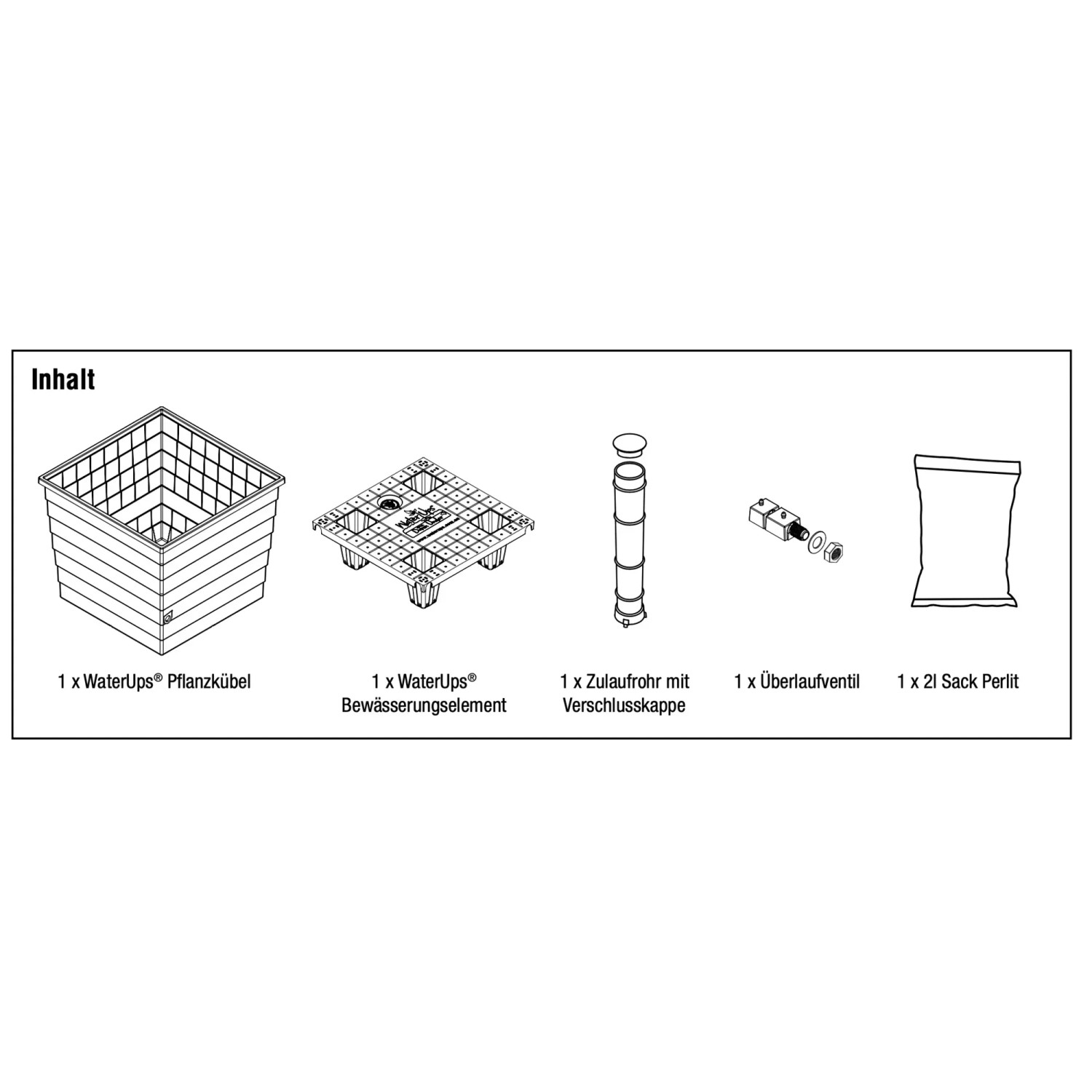 Bestandteile WaterUps Pflanzkübel: Kübel, Bewässerungselement, Zulaufrohr, Überlaufventil und Perlit-Sack.