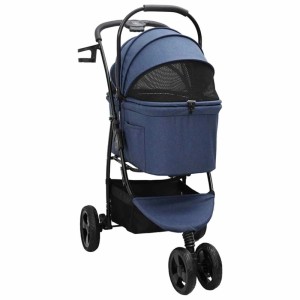 Blauer faltbarer vidaXL Haustierwagen aus Polyester mit Verdeck, Ablagekorb für Hunde und Katzen.