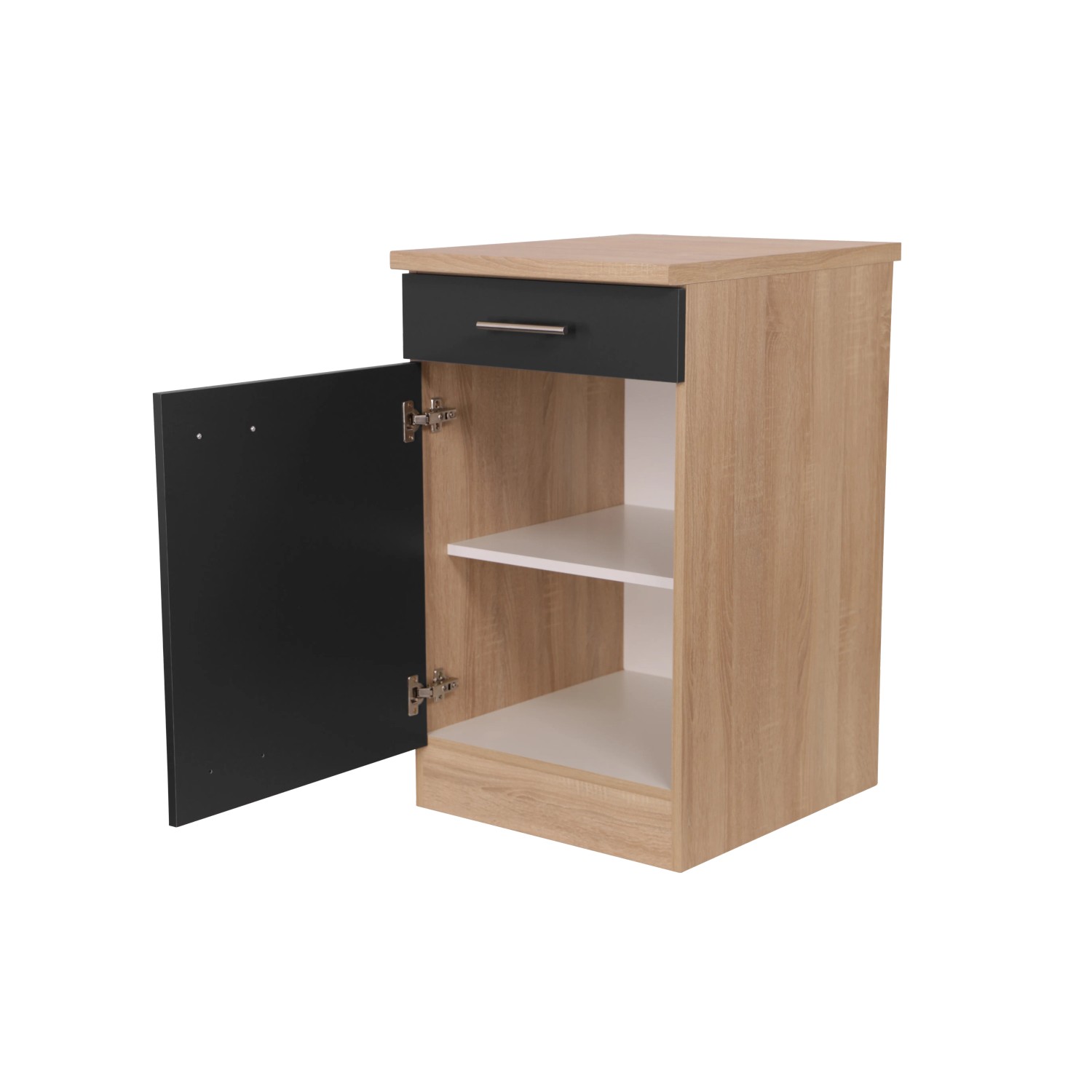 Respekta Unterschrank Merle, 50 cm, Schwarz, mit offener Tür und Schublade.